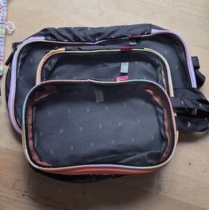 3 Black Packing Cubes with Rainbow Trim Plus 5 Mesh Zipper Bags